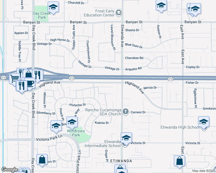 map of restaurants, bars, coffee shops, grocery stores, and more near 12832 Coriander Court in Rancho Cucamonga
