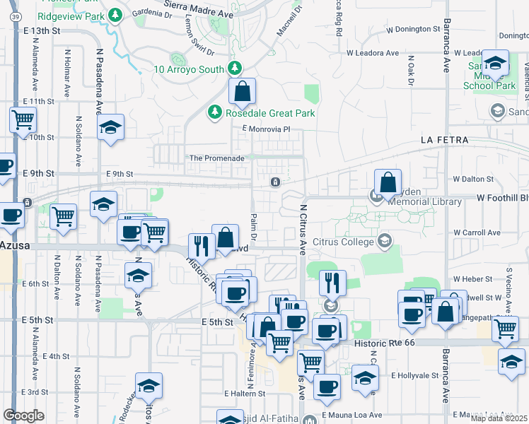 map of restaurants, bars, coffee shops, grocery stores, and more near 817 East Silver Maple Drive in Azusa