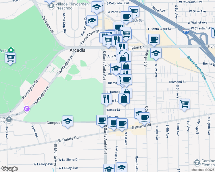 map of restaurants, bars, coffee shops, grocery stores, and more near 18 Diamond Street in Arcadia