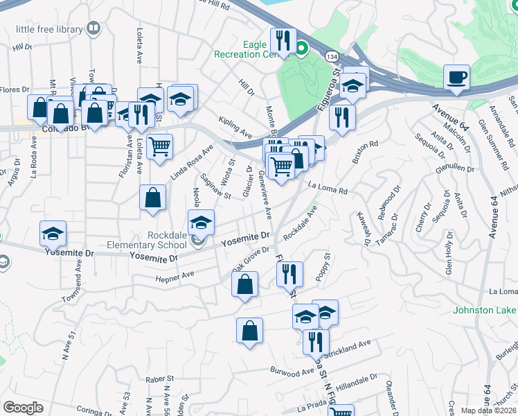 map of restaurants, bars, coffee shops, grocery stores, and more near 4876 Ruth Avenue in Los Angeles