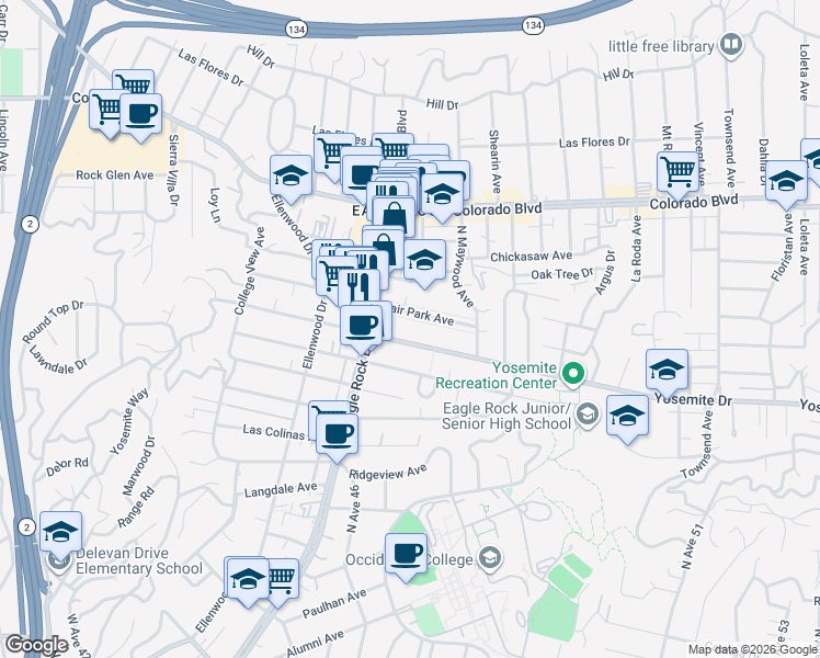 map of restaurants, bars, coffee shops, grocery stores, and more near 2108 Fair Park Avenue in Los Angeles