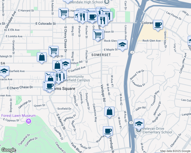 map of restaurants, bars, coffee shops, grocery stores, and more near 1364 East Acacia Avenue in Glendale
