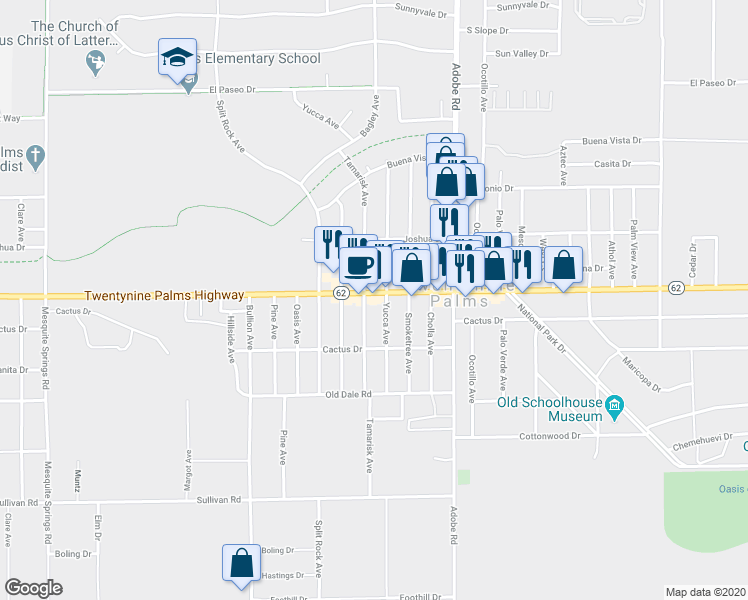map of restaurants, bars, coffee shops, grocery stores, and more near 73527 Twentynine Palms Highway in Twentynine Palms