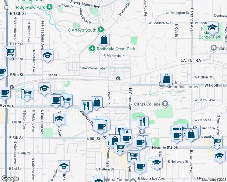 map of restaurants, bars, coffee shops, grocery stores, and more near 807 East Laurel Oak Drive in Azusa