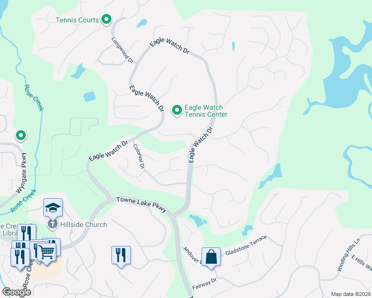 map of restaurants, bars, coffee shops, grocery stores, and more near 3033 Eagle Watch Drive in Woodstock