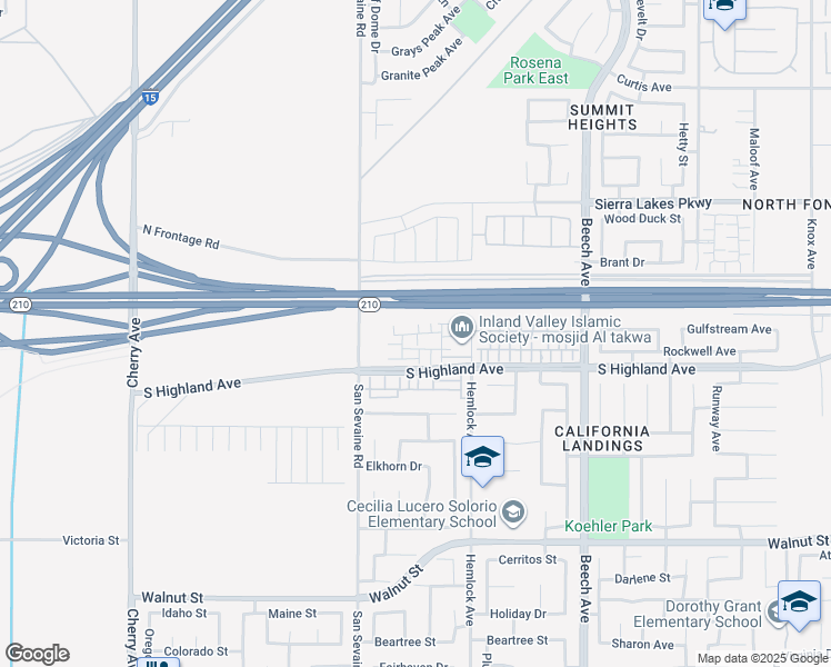map of restaurants, bars, coffee shops, grocery stores, and more near 15032 Gallery Way in Fontana