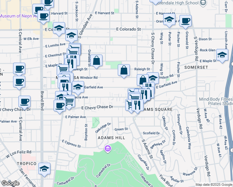 map of restaurants, bars, coffee shops, grocery stores, and more near 809 East Acacia Avenue in Glendale