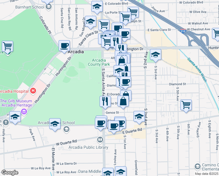 map of restaurants, bars, coffee shops, grocery stores, and more near 18 Diamond Street in Arcadia