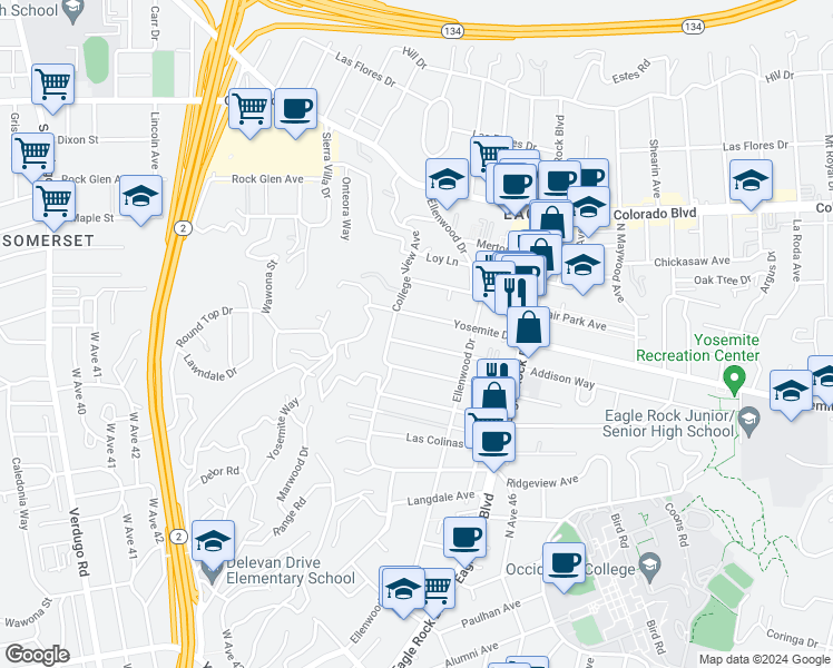 map of restaurants, bars, coffee shops, grocery stores, and more near 2361 Addison Way in Los Angeles