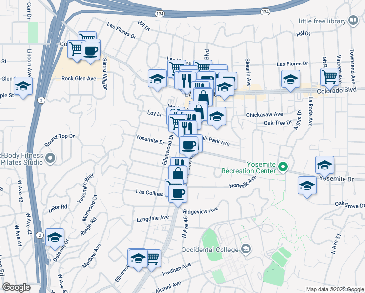 map of restaurants, bars, coffee shops, grocery stores, and more near Strata Lane in Los Angeles