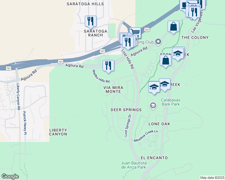 map of restaurants, bars, coffee shops, grocery stores, and more near 4125 Via Mira Monte in Agoura Hills