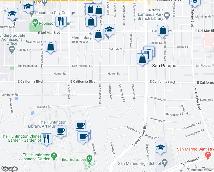 map of restaurants, bars, coffee shops, grocery stores, and more near 625 Chester Avenue in San Marino