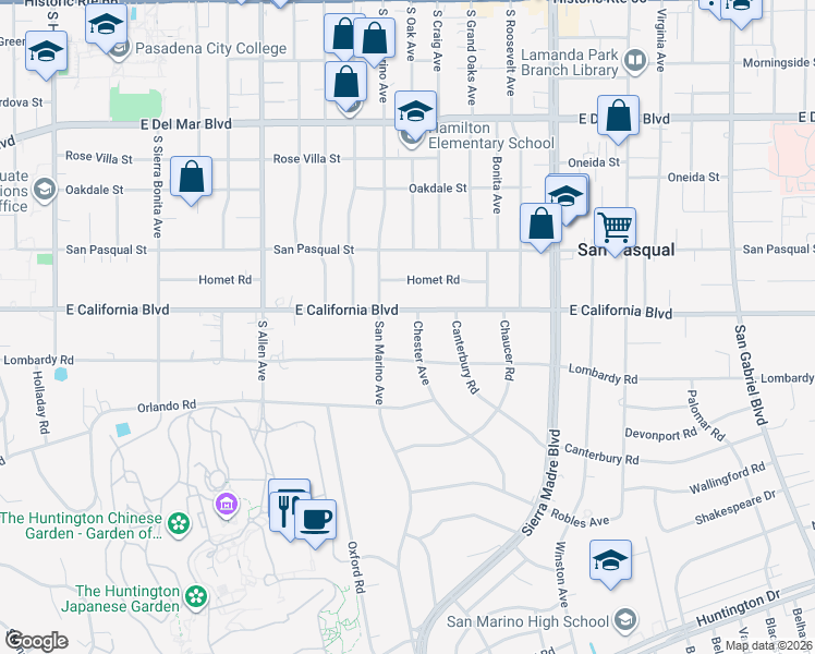 map of restaurants, bars, coffee shops, grocery stores, and more near 625 Chester Avenue in San Marino