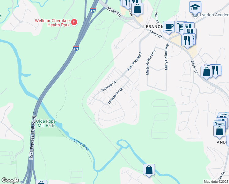 map of restaurants, bars, coffee shops, grocery stores, and more near 234 Hiawassee Drive in Woodstock