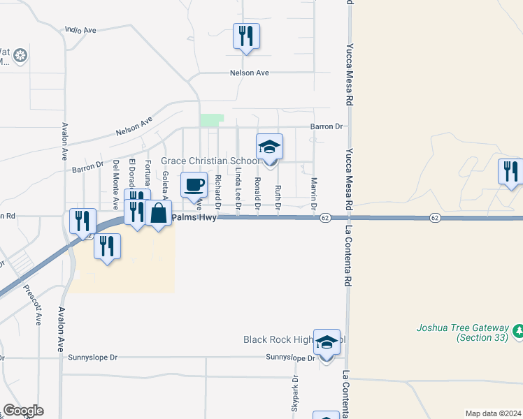 map of restaurants, bars, coffee shops, grocery stores, and more near Ronald Drive in Yucca Valley