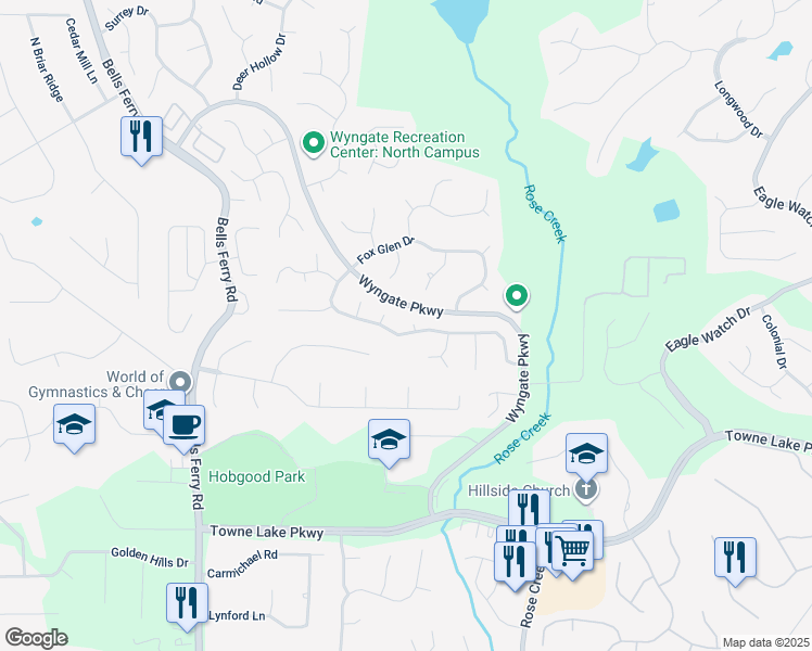 map of restaurants, bars, coffee shops, grocery stores, and more near 1201 Shallowford Trace Court in Woodstock