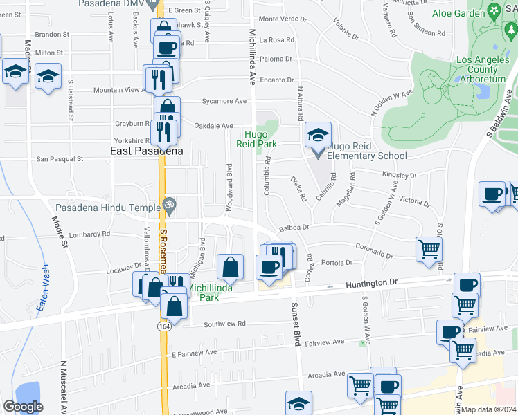 map of restaurants, bars, coffee shops, grocery stores, and more near 1145 Sano Court in Arcadia