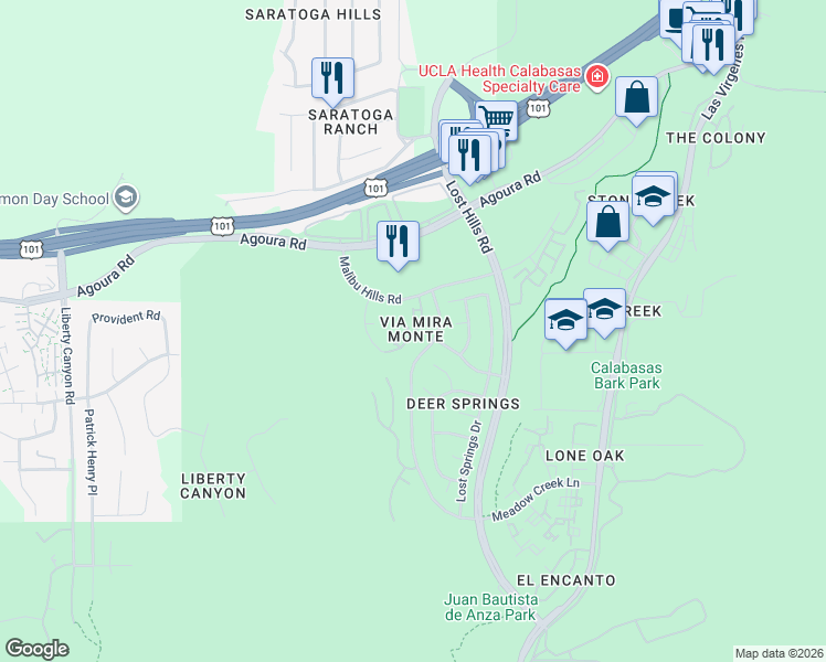 map of restaurants, bars, coffee shops, grocery stores, and more near 4229 Via Mira Monte in Agoura Hills