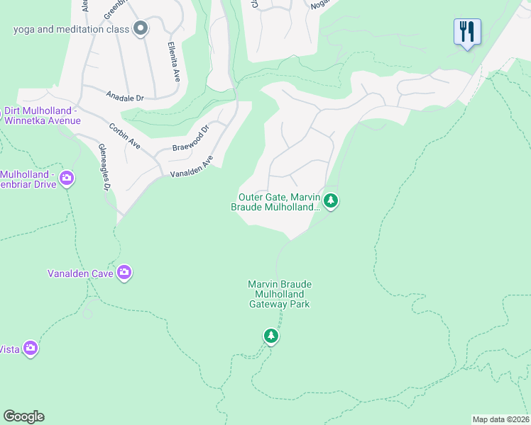 map of restaurants, bars, coffee shops, grocery stores, and more near 19360 Redbridge Lane in Los Angeles