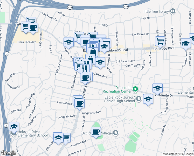 map of restaurants, bars, coffee shops, grocery stores, and more near 2108 Fair Park Avenue in Los Angeles