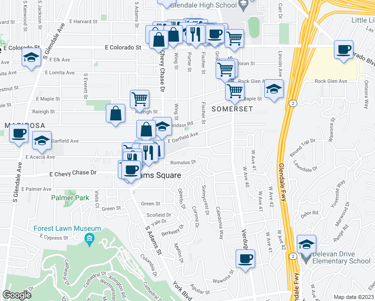 map of restaurants, bars, coffee shops, grocery stores, and more near 1302 East Acacia Avenue in Glendale