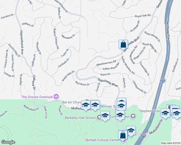 map of restaurants, bars, coffee shops, grocery stores, and more near 16131 Bayberry Place in Los Angeles
