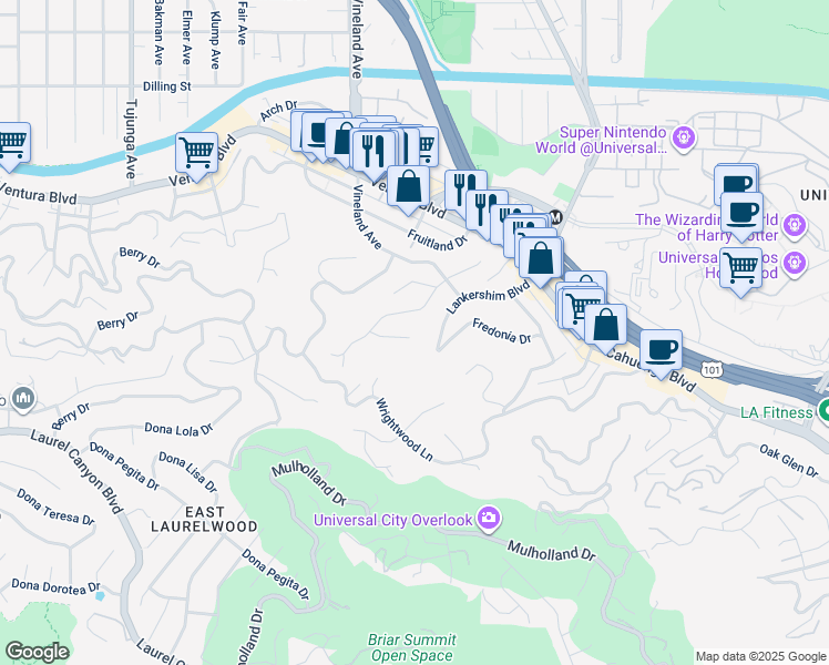 map of restaurants, bars, coffee shops, grocery stores, and more near 10901 Terryview Drive in Los Angeles