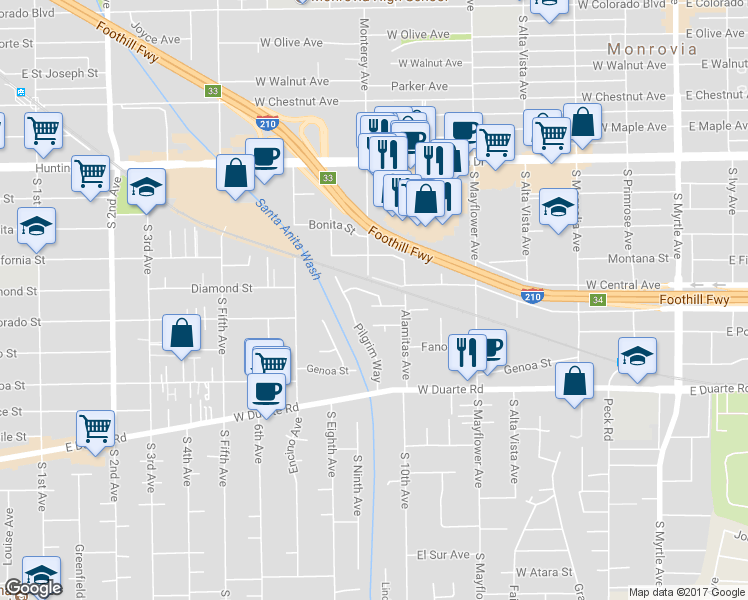 map of restaurants, bars, coffee shops, grocery stores, and more near 660 Anita Street in Monrovia