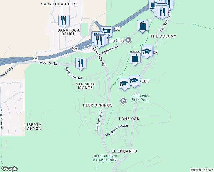 map of restaurants, bars, coffee shops, grocery stores, and more near 4202 Lost Springs Drive in Agoura Hills