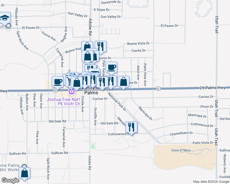 map of restaurants, bars, coffee shops, grocery stores, and more near 73845 29 Palms Highway in Twentynine Palms