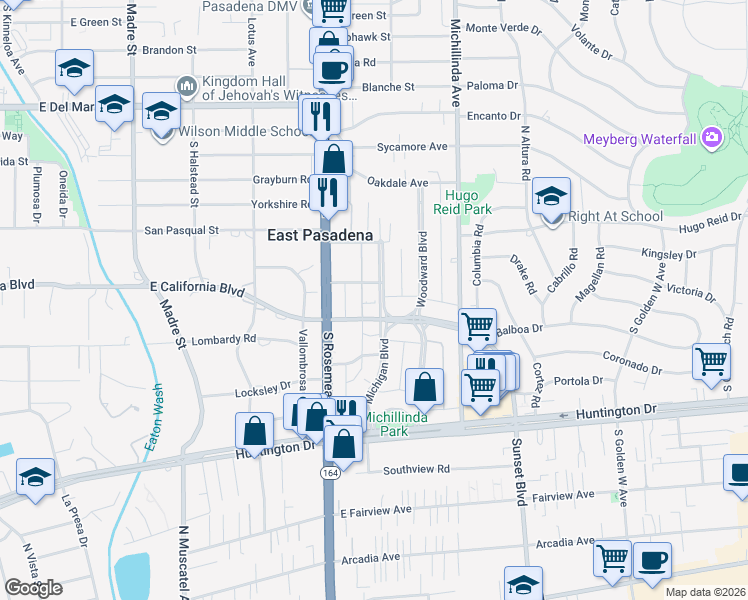 map of restaurants, bars, coffee shops, grocery stores, and more near 635 Michigan Boulevard in Pasadena
