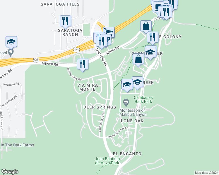 map of restaurants, bars, coffee shops, grocery stores, and more near 4202 Lost Springs Drive in Agoura Hills