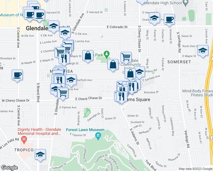 map of restaurants, bars, coffee shops, grocery stores, and more near 804 East Garfield Avenue in Glendale
