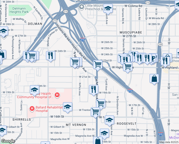 map of restaurants, bars, coffee shops, grocery stores, and more near 2161 Herrington Avenue North in San Bernardino