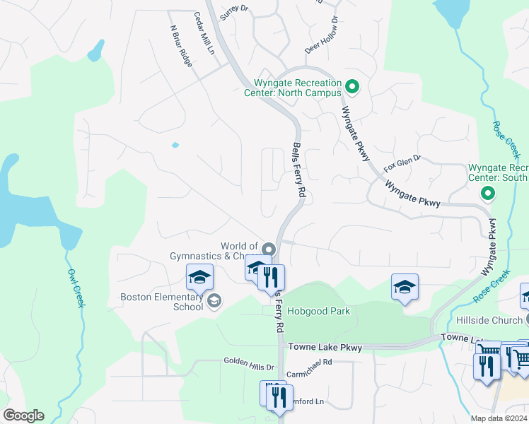 map of restaurants, bars, coffee shops, grocery stores, and more near 265 Ascott Lane in Woodstock