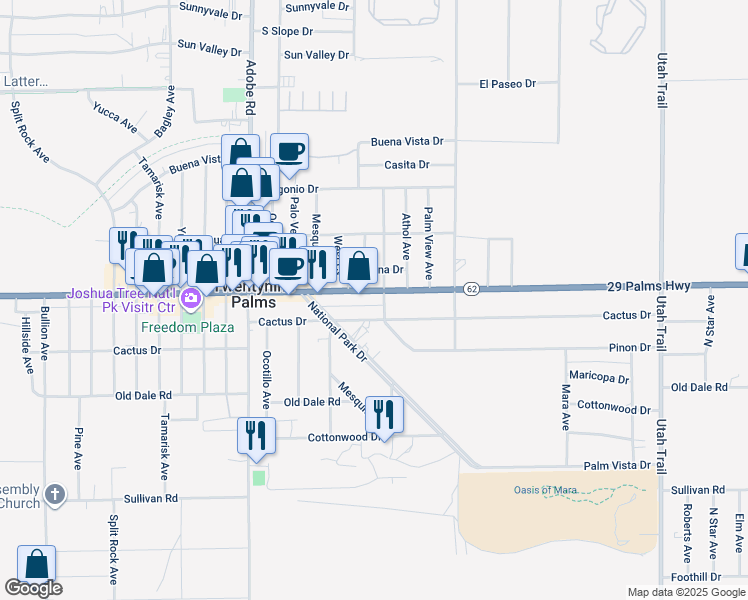 map of restaurants, bars, coffee shops, grocery stores, and more near 73943 Twentynine Palms Highway in Twentynine Palms