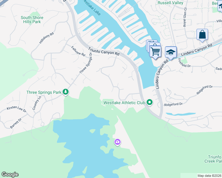 map of restaurants, bars, coffee shops, grocery stores, and more near 3445 Twin Lake Ridge in Westlake Village