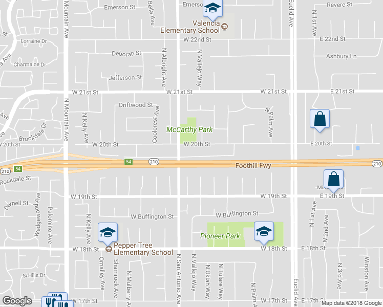 map of restaurants, bars, coffee shops, grocery stores, and more near 711 West Kenwood Street in Upland