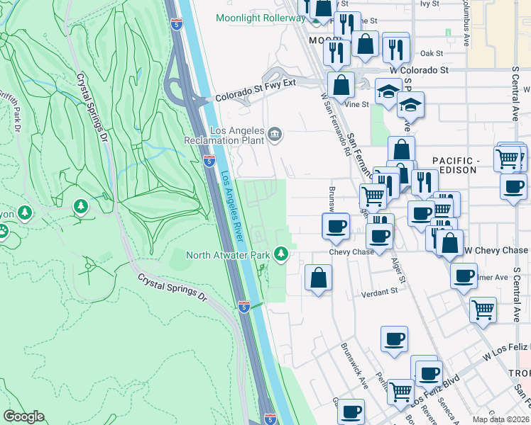 map of restaurants, bars, coffee shops, grocery stores, and more near 3900 Chevy Chase Drive in Los Angeles