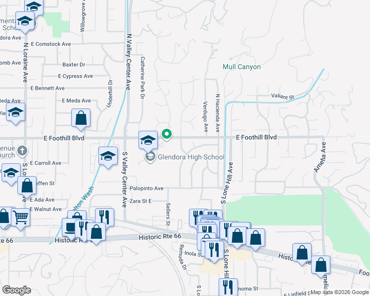 map of restaurants, bars, coffee shops, grocery stores, and more near 124 South Gordon Avenue in Glendora