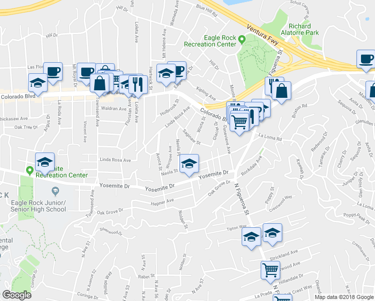 map of restaurants, bars, coffee shops, grocery stores, and more near 4871 Wiota Street in Los Angeles