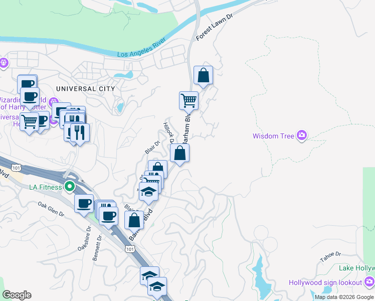 map of restaurants, bars, coffee shops, grocery stores, and more near 3480 Barham Boulevard in Los Angeles