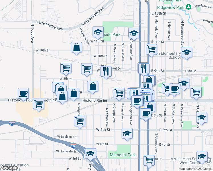 map of restaurants, bars, coffee shops, grocery stores, and more near 748 North McKeever Avenue in Azusa