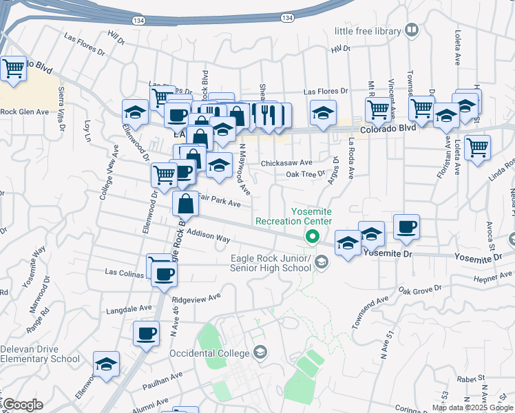 map of restaurants, bars, coffee shops, grocery stores, and more near 4936 Maywood Avenue in Los Angeles