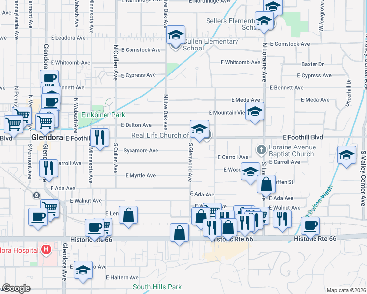 map of restaurants, bars, coffee shops, grocery stores, and more near 743 Sycamore Ave in Glendora