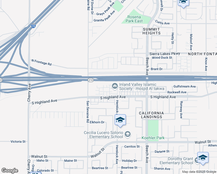 map of restaurants, bars, coffee shops, grocery stores, and more near 15032 Gallery Way in Fontana