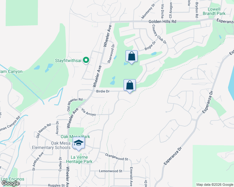 map of restaurants, bars, coffee shops, grocery stores, and more near 5996 Birdie Drive in La Verne