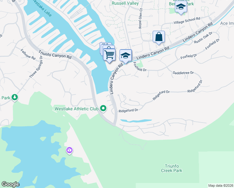 map of restaurants, bars, coffee shops, grocery stores, and more near 3335 Lake Crest Court in Westlake Village