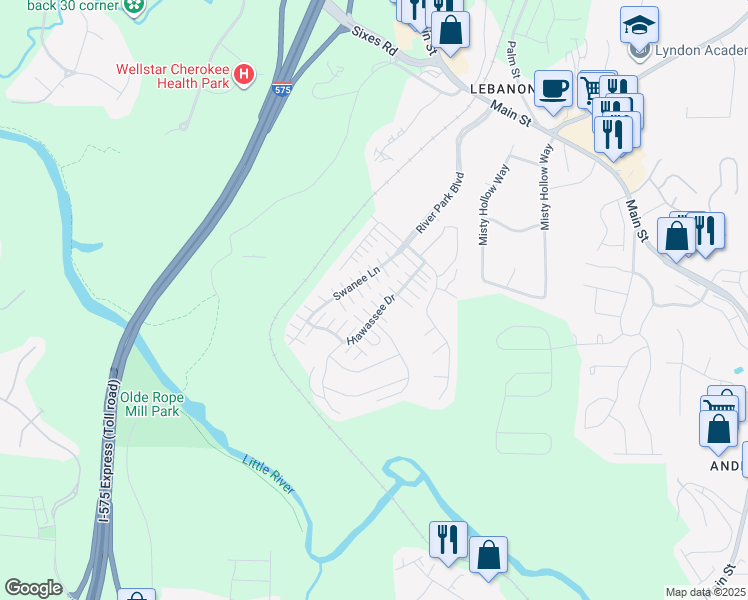 map of restaurants, bars, coffee shops, grocery stores, and more near 236 Hiawassee Drive in Woodstock