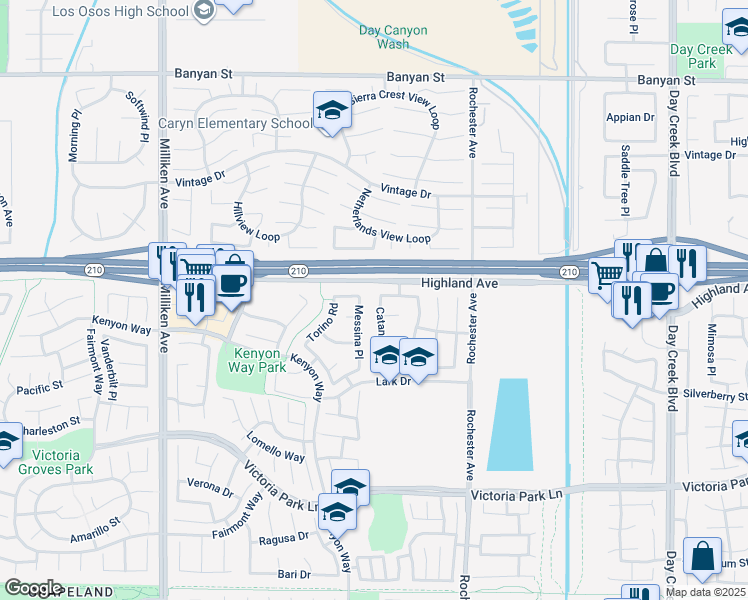 map of restaurants, bars, coffee shops, grocery stores, and more near 6530 Catania Place in Rancho Cucamonga